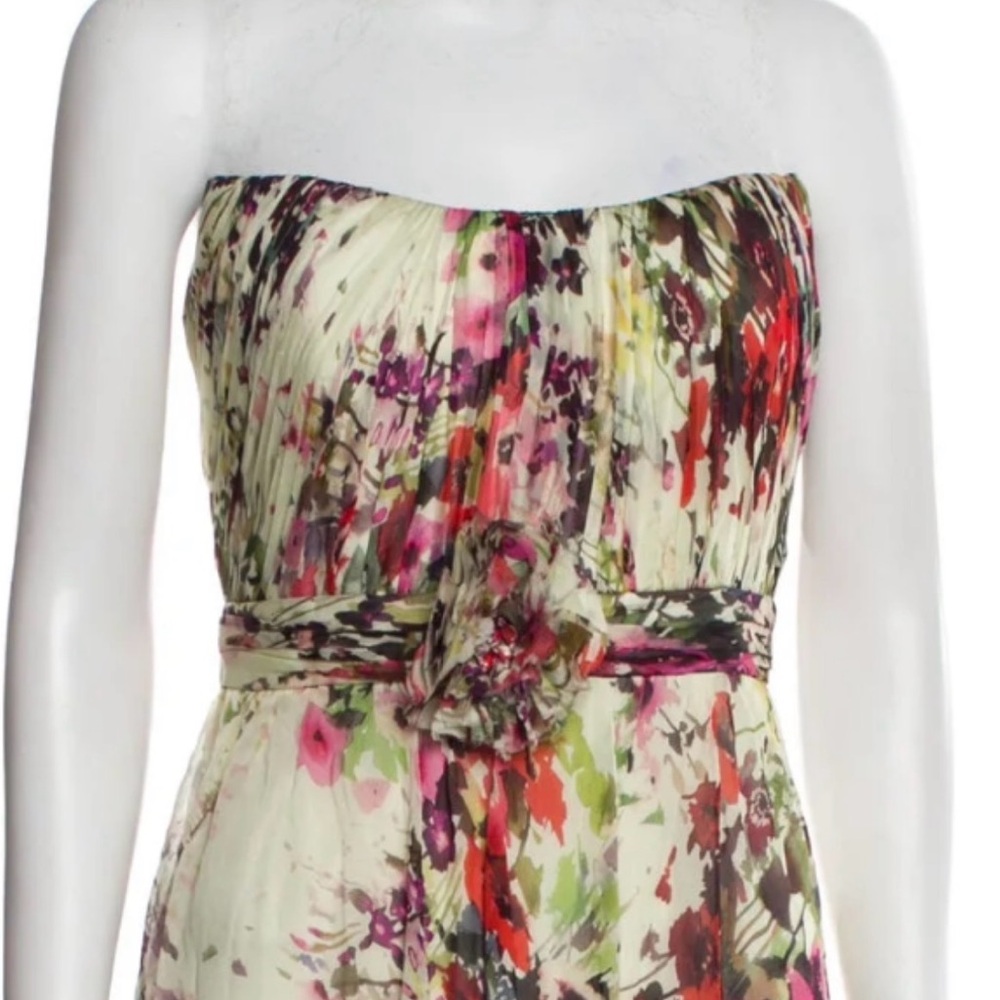 Theia Silk Floral A-Line Strapless Maxi Dress